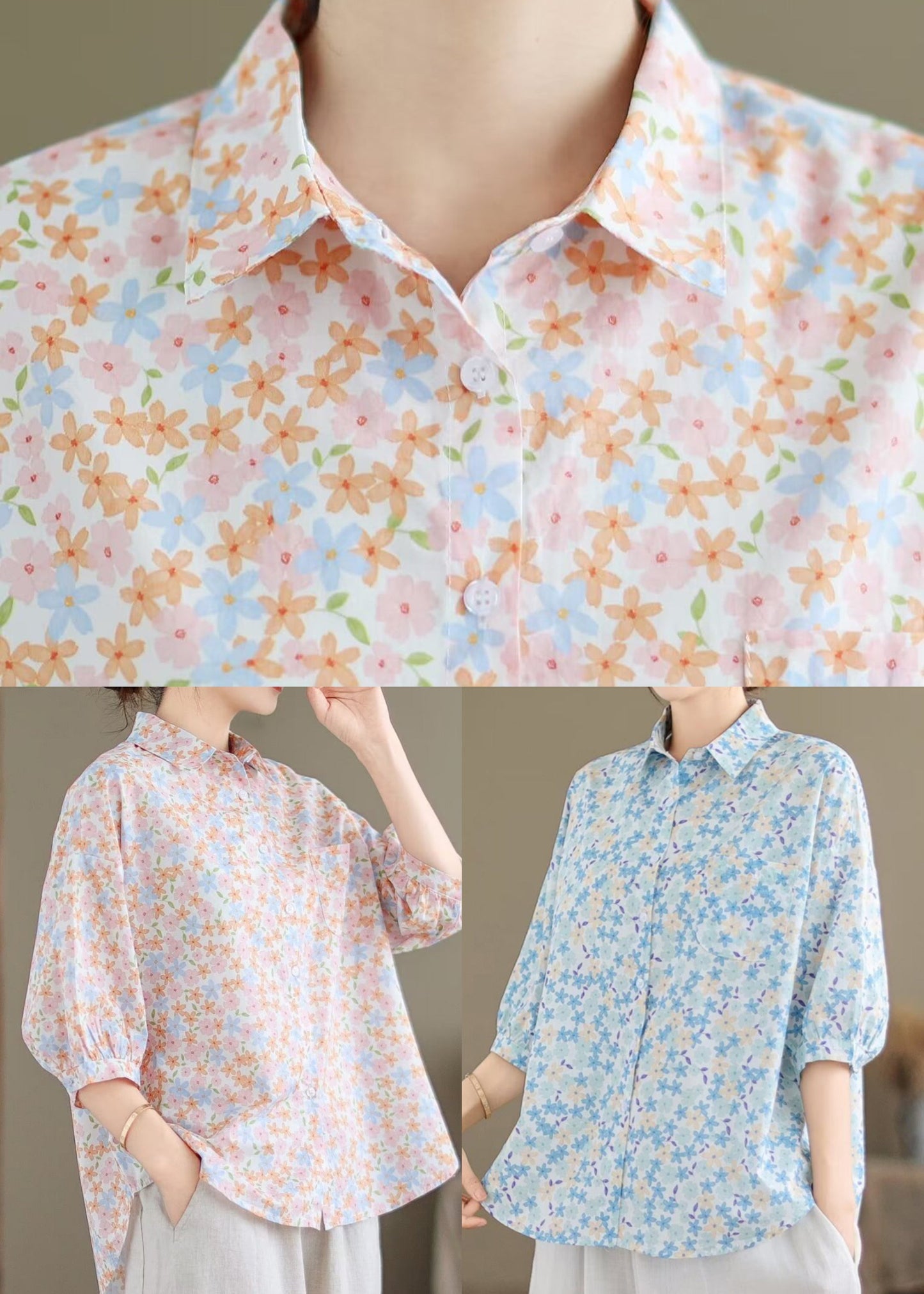 Sleeve Classy Half Cotton Blue Blouse Tops Print Oversized