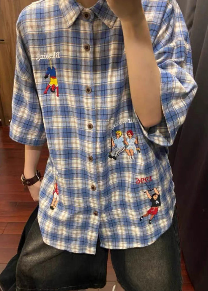 Shirts Cotton Plaid Print Half Button Classy Blue Men's Sleeve