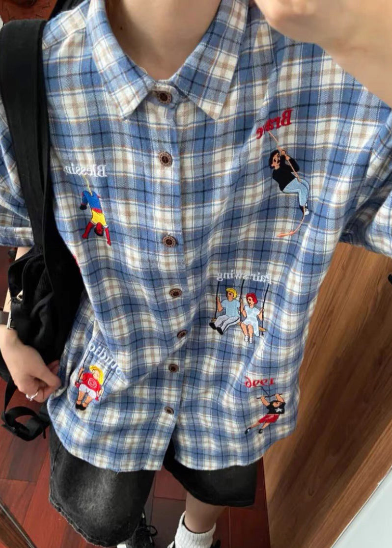 Shirts Cotton Plaid Print Half Button Classy Blue Men's Sleeve