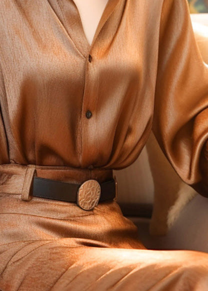 Blouse Stand Button Lantern Classy Collar Silk Top Sleeve Brown