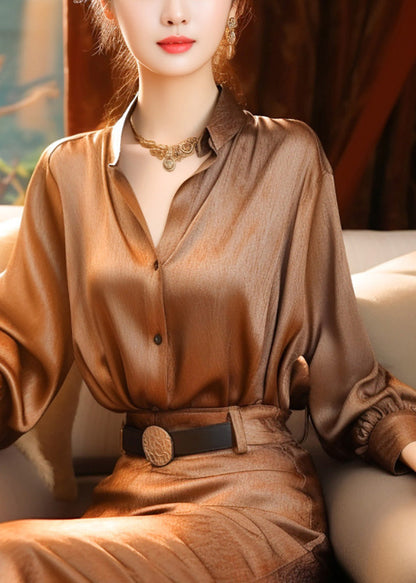Blouse Stand Button Lantern Classy Collar Silk Top Sleeve Brown