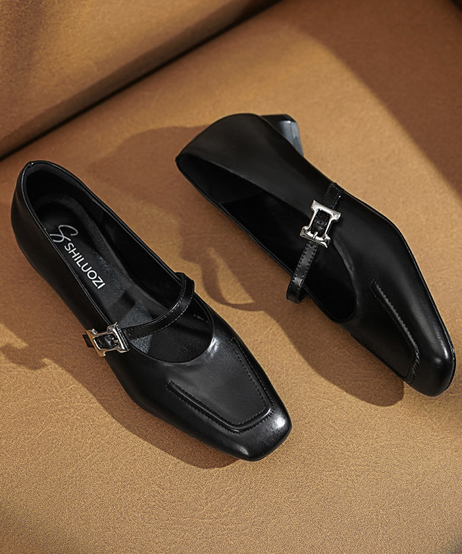 Black Leather Chunky Cowhide Buckle Splicing Strap Classy