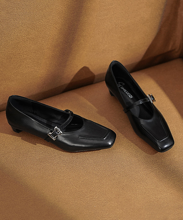 Black Leather Chunky Cowhide Buckle Splicing Strap Classy