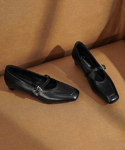 Black Leather Chunky Cowhide Buckle Splicing Strap Classy