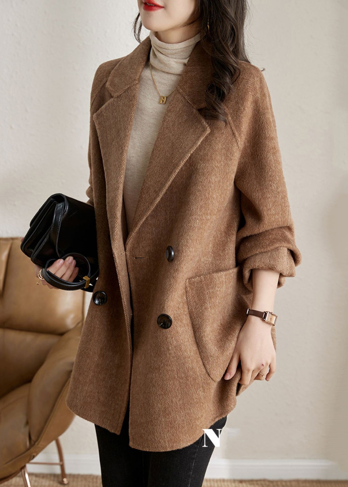 Classy Camel Peter Pan Collar Pockets Woolen Coats Spring TE042