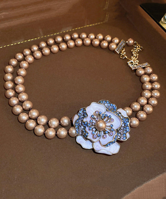 Classy Champagne Alloy Zircon Pearl Floral Gratuated Bead Necklace RA039