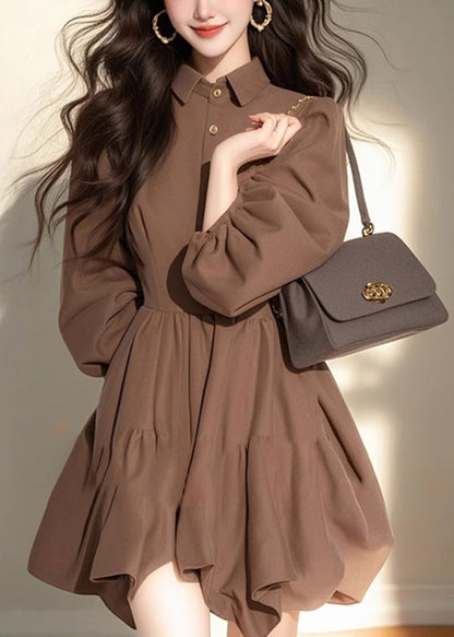 Collar Pan Classy Dress Coffee Mid Button Patchwork Half Peter