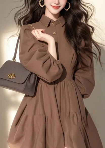 Collar Pan Classy Dress Coffee Mid Button Patchwork Half Peter