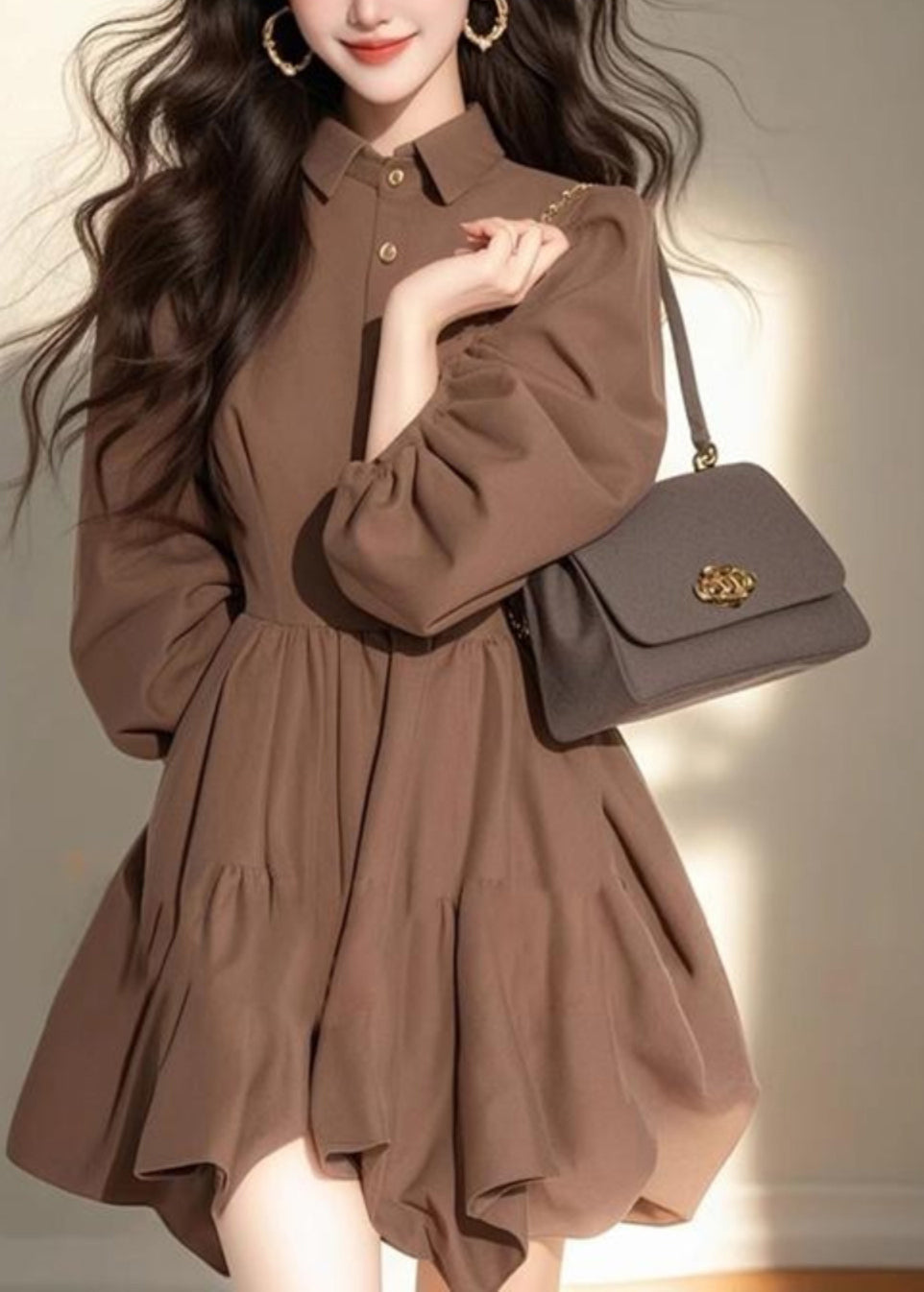 Collar Pan Classy Dress Coffee Mid Button Patchwork Half Peter