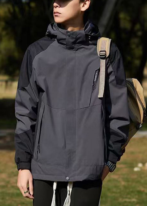 Hooded Spring Cotton Dark Coat Gray Classy Men Patchwork Pockets