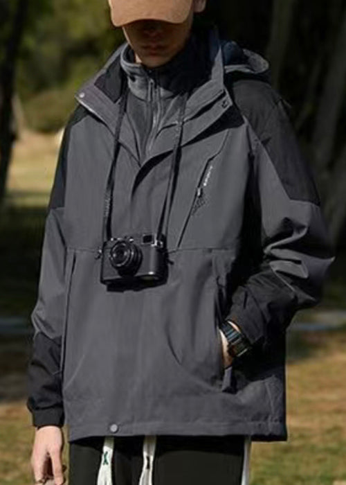 Hooded Spring Cotton Dark Coat Gray Classy Men Patchwork Pockets