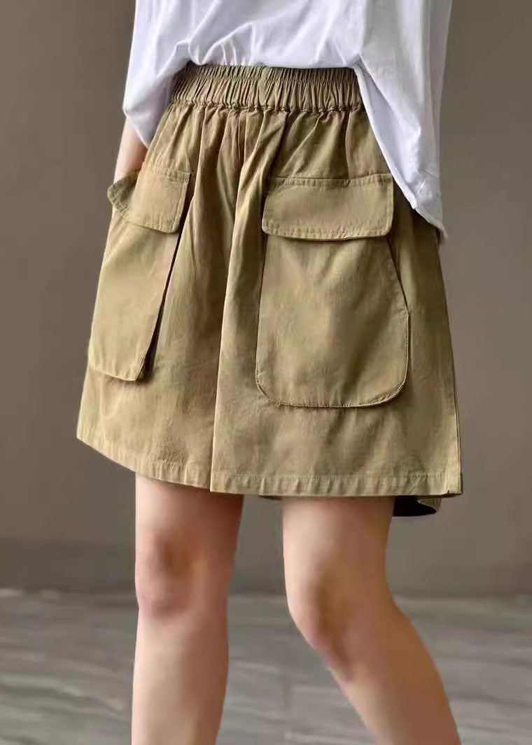 Shorts Waist Pockets Elastic Green Cotton Summer Classy Pants