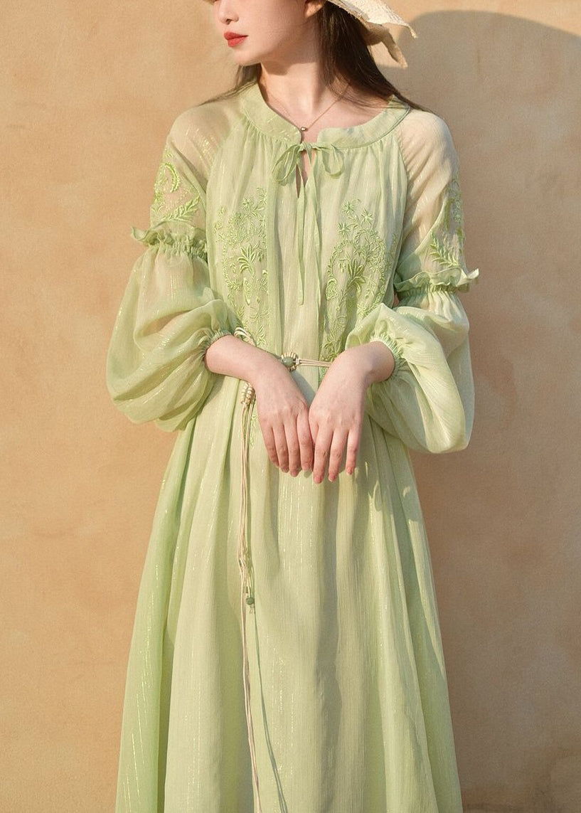 Edle grüne bestickte Chiffon-Kleider mit Schnürung und langen Ärmeln AU1049