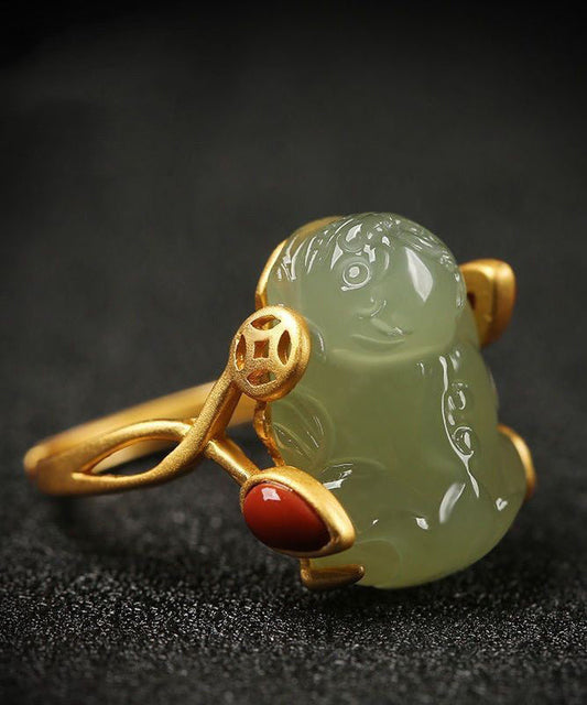 Classy Green Sterling Silver Overgild Jade A Mythical Wild Animal Rings QI079