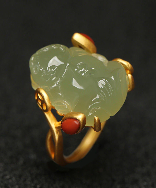 Classy Green Sterling Silver Overgild Jade A Mythical Wild Animal Rings QI079