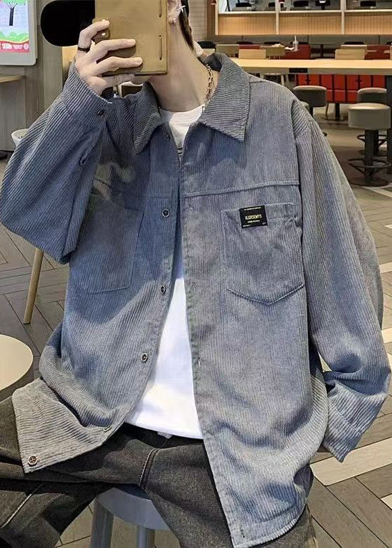 Grey Button Coats Coat Oversized Pockets Men Classy Corduroy