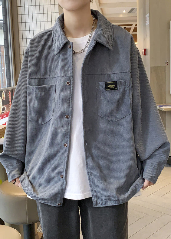 Grey Button Coats Coat Oversized Pockets Men Classy Corduroy