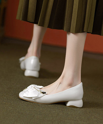 Grey Cowhide Classy Flat Splicing Shoes Chunky Leather Bow