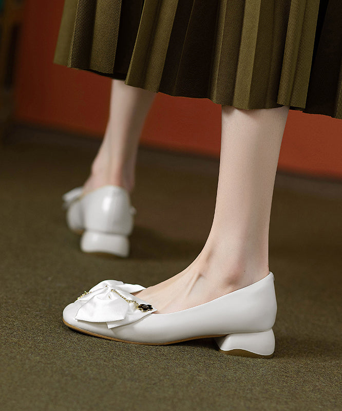 Shoes Chunky Classy Cowhide Flat Grey Leather Splicing Bow