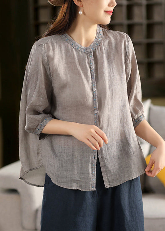 Sleeve Grey Half Embroidered Linen Classy Button Blouses