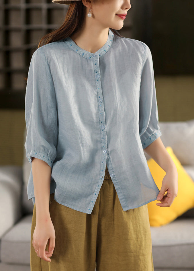 Sleeve Grey Half Embroidered Linen Classy Button Blouses