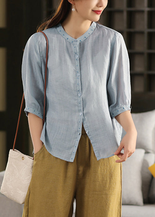 Sleeve Grey Half Embroidered Linen Classy Button Blouses