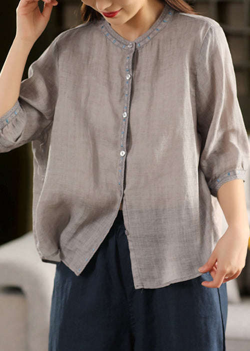 Sleeve Grey Half Embroidered Linen Classy Button Blouses