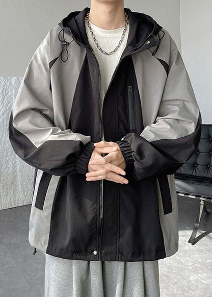 Cotton Hooded Patchwork Mens Classy Coats Grey Drawstring Spring