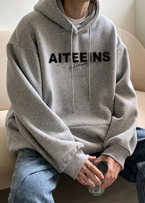 Classy Grey Hooded Letter Warm Fleece Mens Sweatshirts Spring YQ023