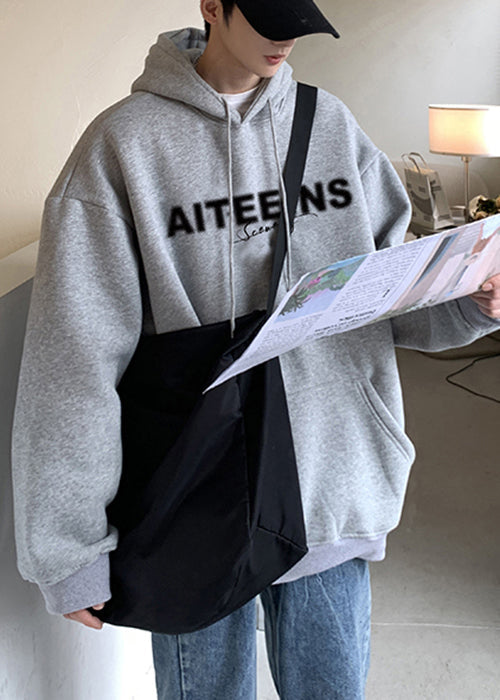 Classy Grey Hooded Letter Warm Fleece Mens Sweatshirts Spring YQ023