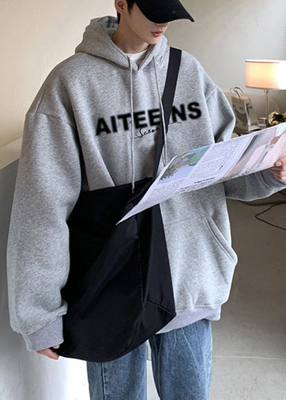 Classy Grey Hooded Letter Warm Fleece Mens Sweatshirts Spring YQ023