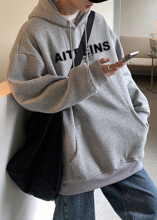 Classy Grey Hooded Letter Warm Fleece Mens Sweatshirts Spring YQ023