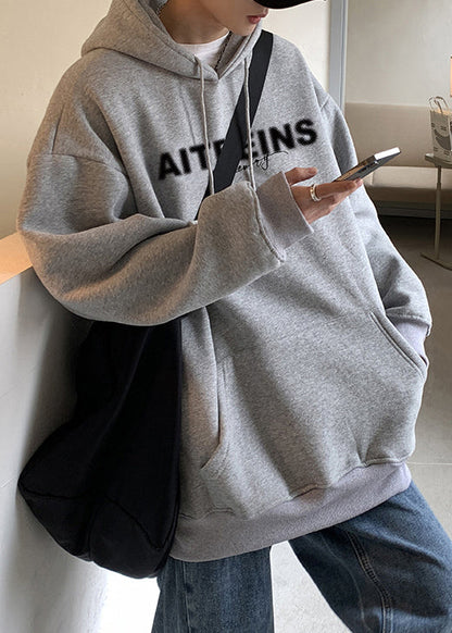 Classy Grey Hooded Letter Warm Fleece Mens Sweatshirts Spring YQ023