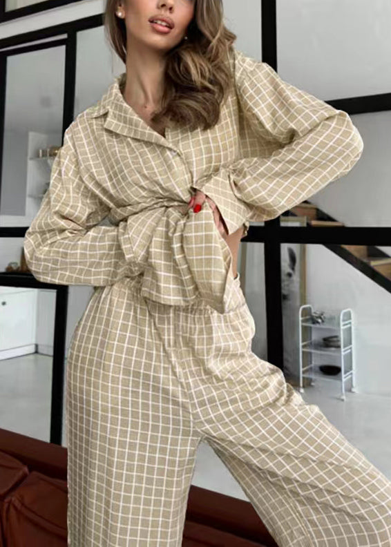Sets Fall Pajama Classy Cotton Oversized Plaid Khaki