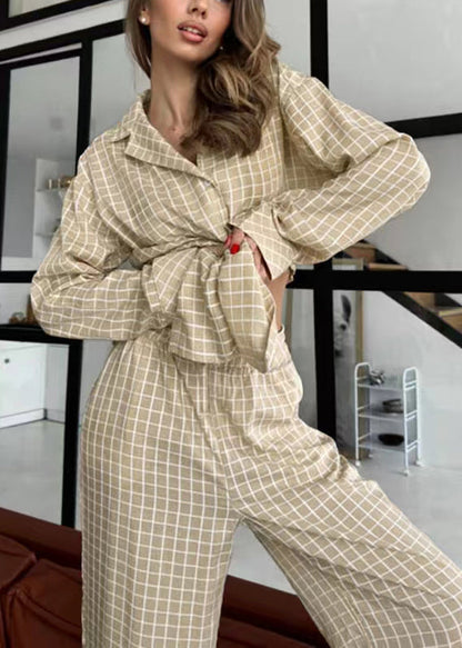 Sets Fall Pajama Classy Cotton Oversized Plaid Khaki