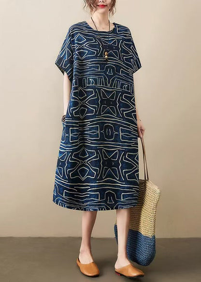 Robe Dresses Linen Navy Summer Classy Oversized Print