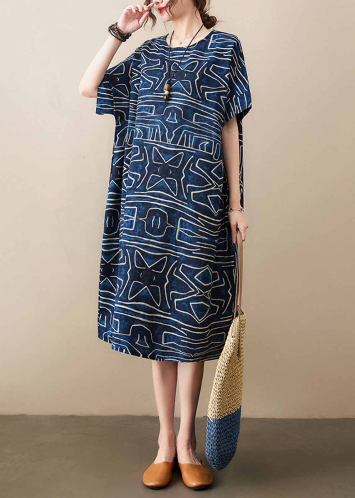 Dresses Navy Print Classy Summer Robe Linen Oversized