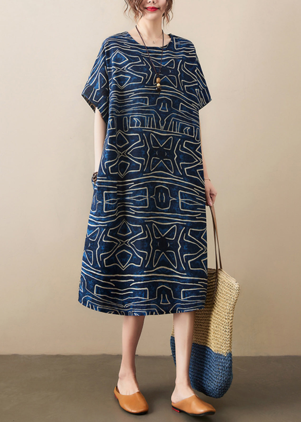 Robe Dresses Linen Navy Summer Classy Oversized Print