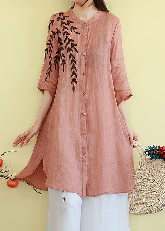Classy Orange Embroidered Linen Mid Dresses Summer TM004