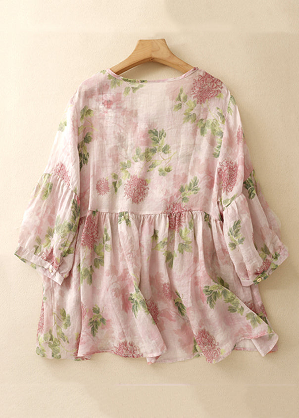 O Button Classy Neck Blouse Sleeve Bracelet Print Pink Cotton