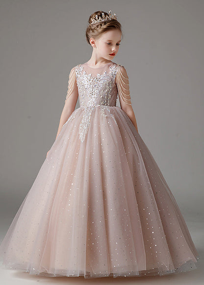 Robe longue en tulle à paillettes et col rond pour enfants, élégante et rose, sans manches, QV009