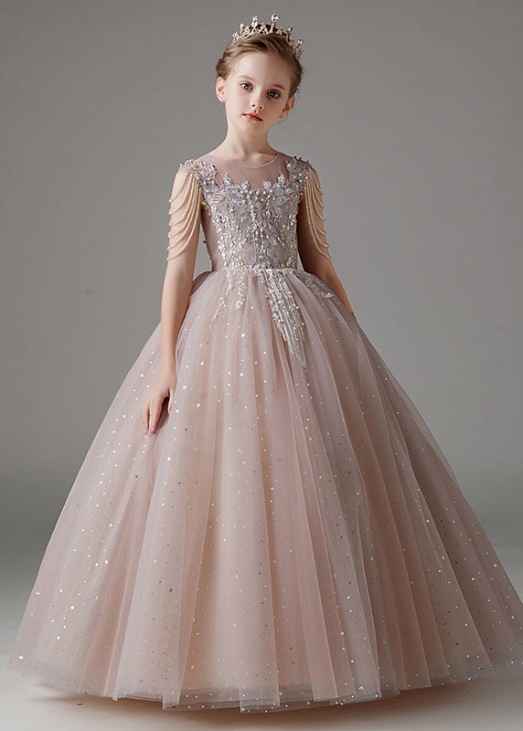 Robe longue en tulle à paillettes et col rond pour enfants, élégante et rose, sans manches, QV009