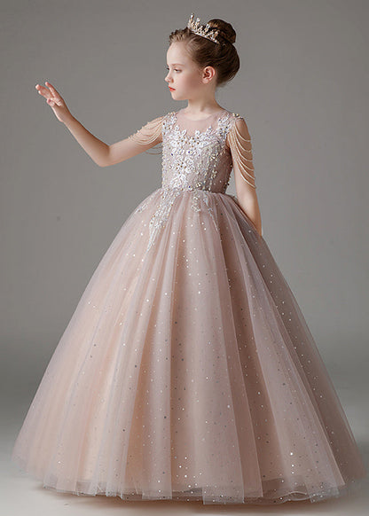 Robe longue en tulle à paillettes et col rond pour enfants, élégante et rose, sans manches, QV009