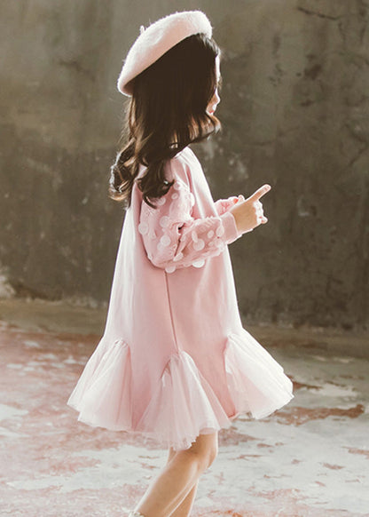 Classy Pink O-Neck Tulle Girls Long Pullover Dresses Spring TV025