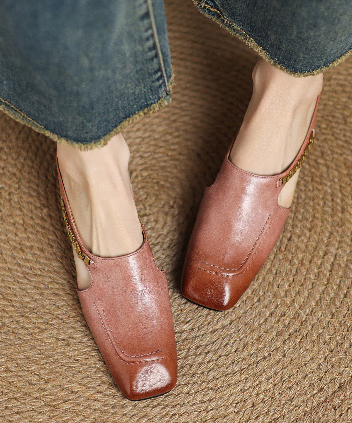 Wedge Classy Cowhide Splicing Slide Leather Pink Sandals