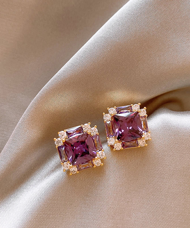 Crystal Copper Earrings Alloy Zircon Stud Classy Purple