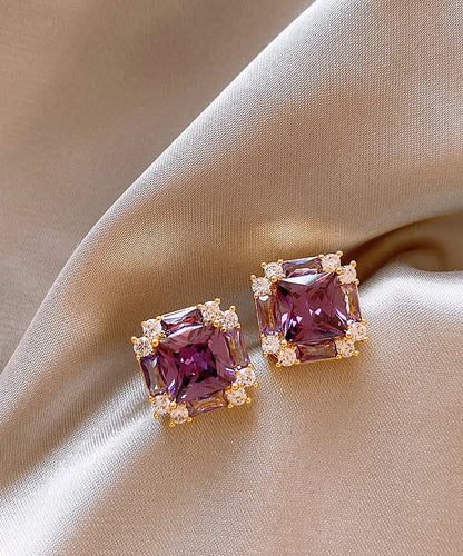 Crystal Copper Earrings Alloy Zircon Stud Classy Purple