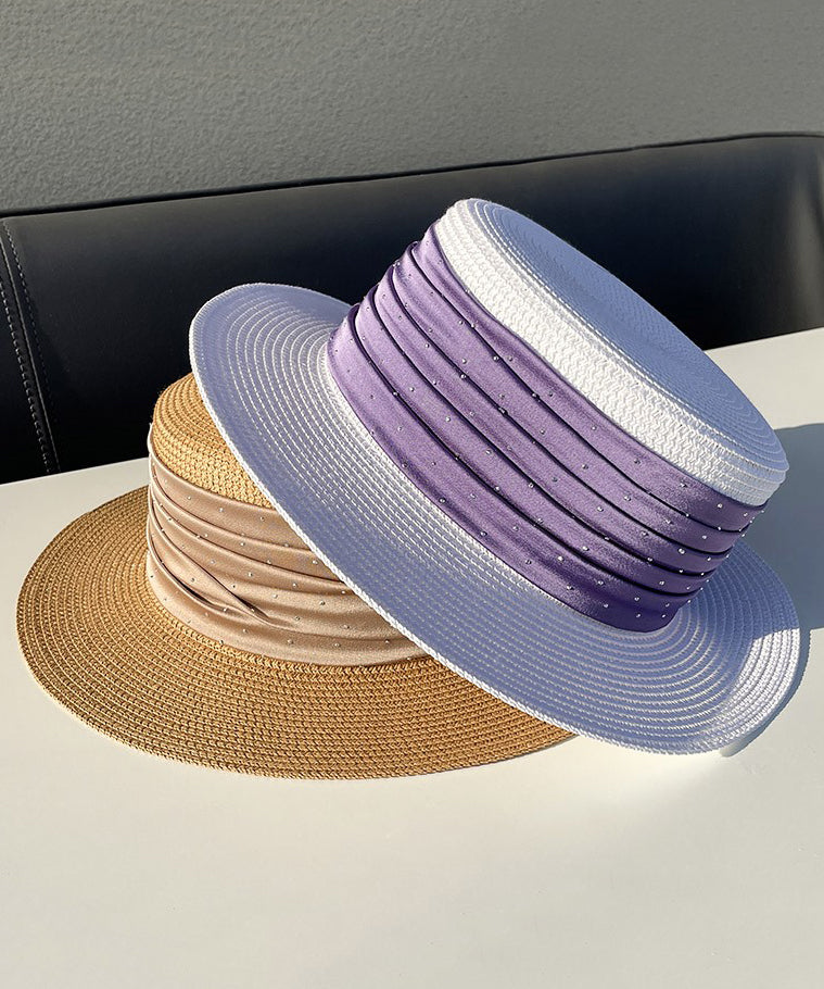 Hat Woven Straw Zircon Satin Purple Cloche Classy