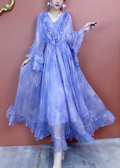 Classy Purple V Neck Ruffled Print Silk Dress Butterfly Sleeve XX090