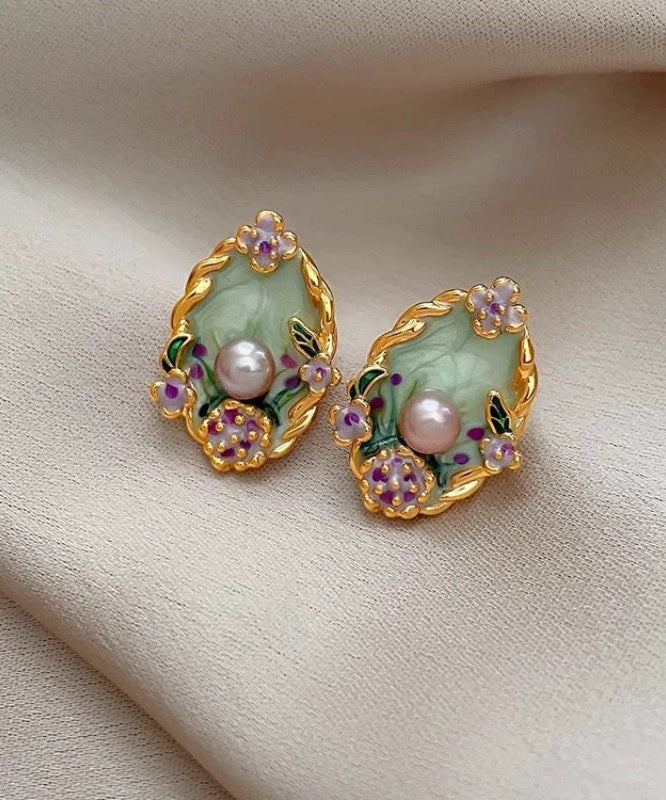 Stud Classy Pearl Overgild Floral Copper Earrings Rainbow